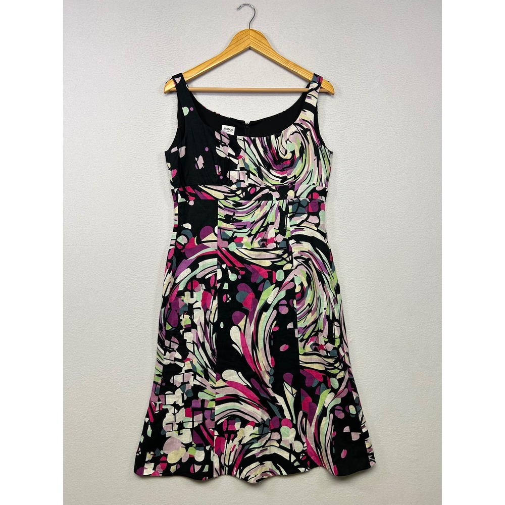 Abstract Mod Armani Womens IT 44 Black Pink Multi Linen Sleeveless Shift Dress